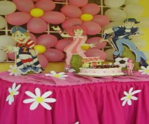 yapboz Kutlama mumlar, hediyeler ve balonlar ile doğumgünü pastası